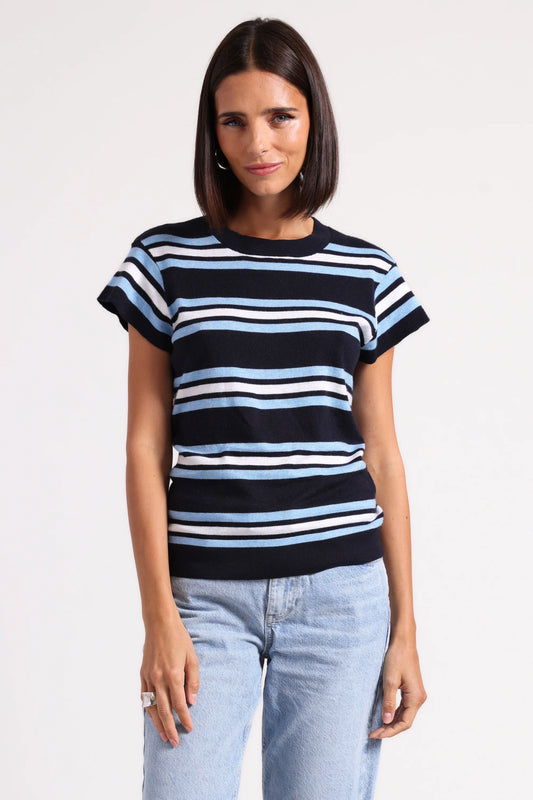 Minnie Rose-Supima Cotton Cashmere Multi Stripe Cap Sleeve Crew-Navy Combo