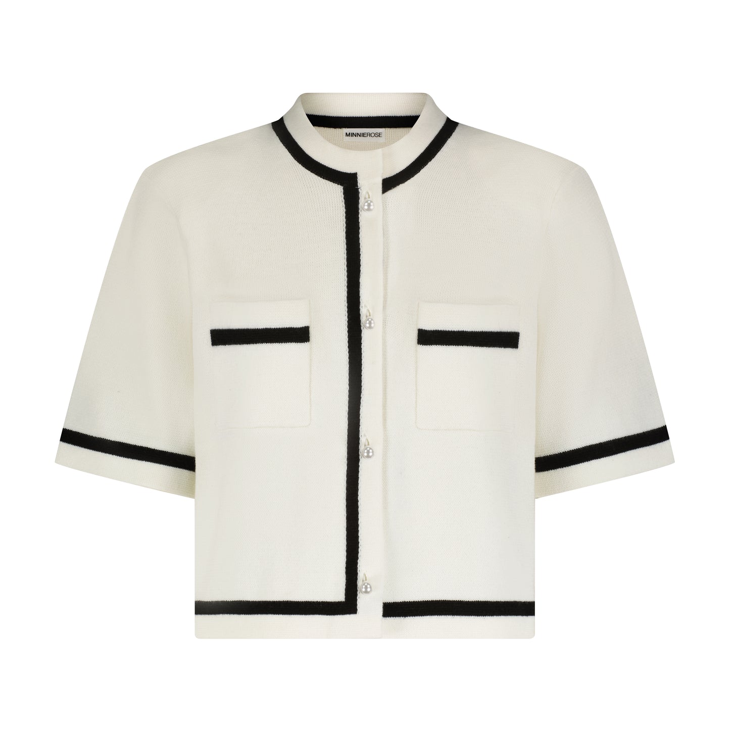 Minnie Rose Short Sleeve Tipped Cropped Jacket in White/Black