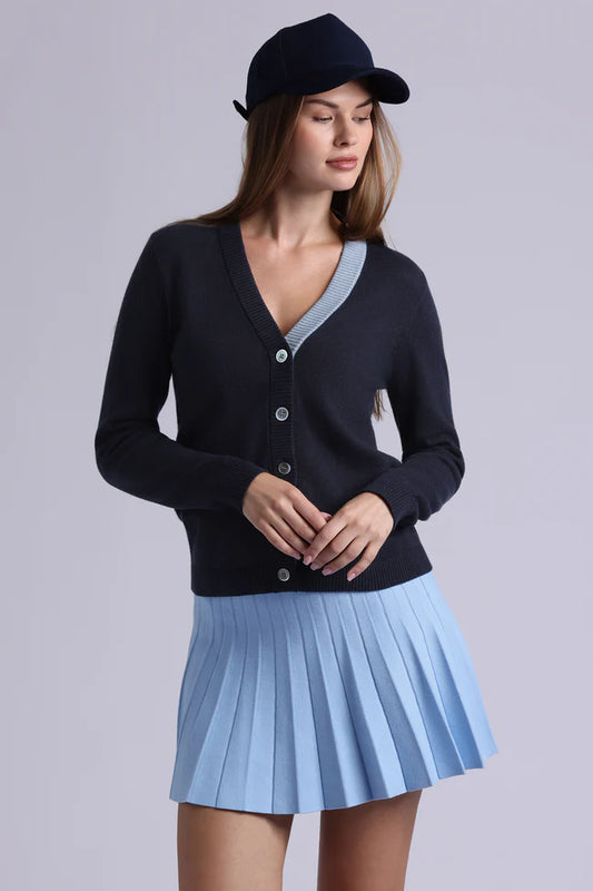 Minnie Rose Cotton Cashmere V Neck Cardigan with Contrast Placket-Navy