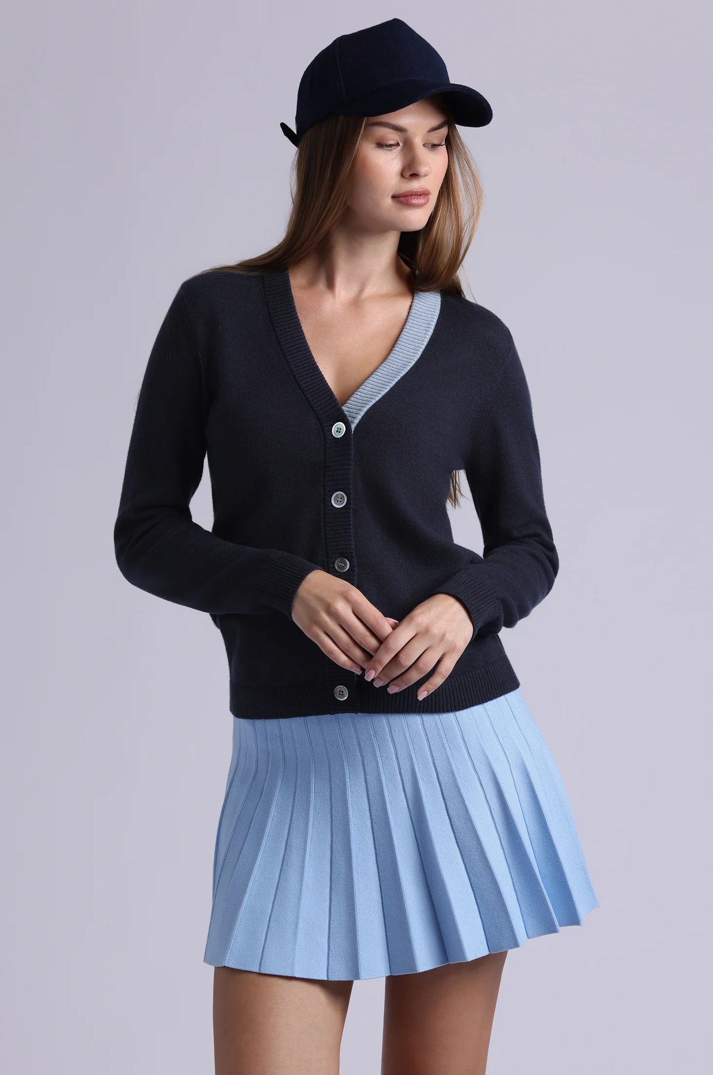 Minnie Rose - Cotton Cashmere V Neck Cardigan with Contrast Placket - Navy/Fresco Blue