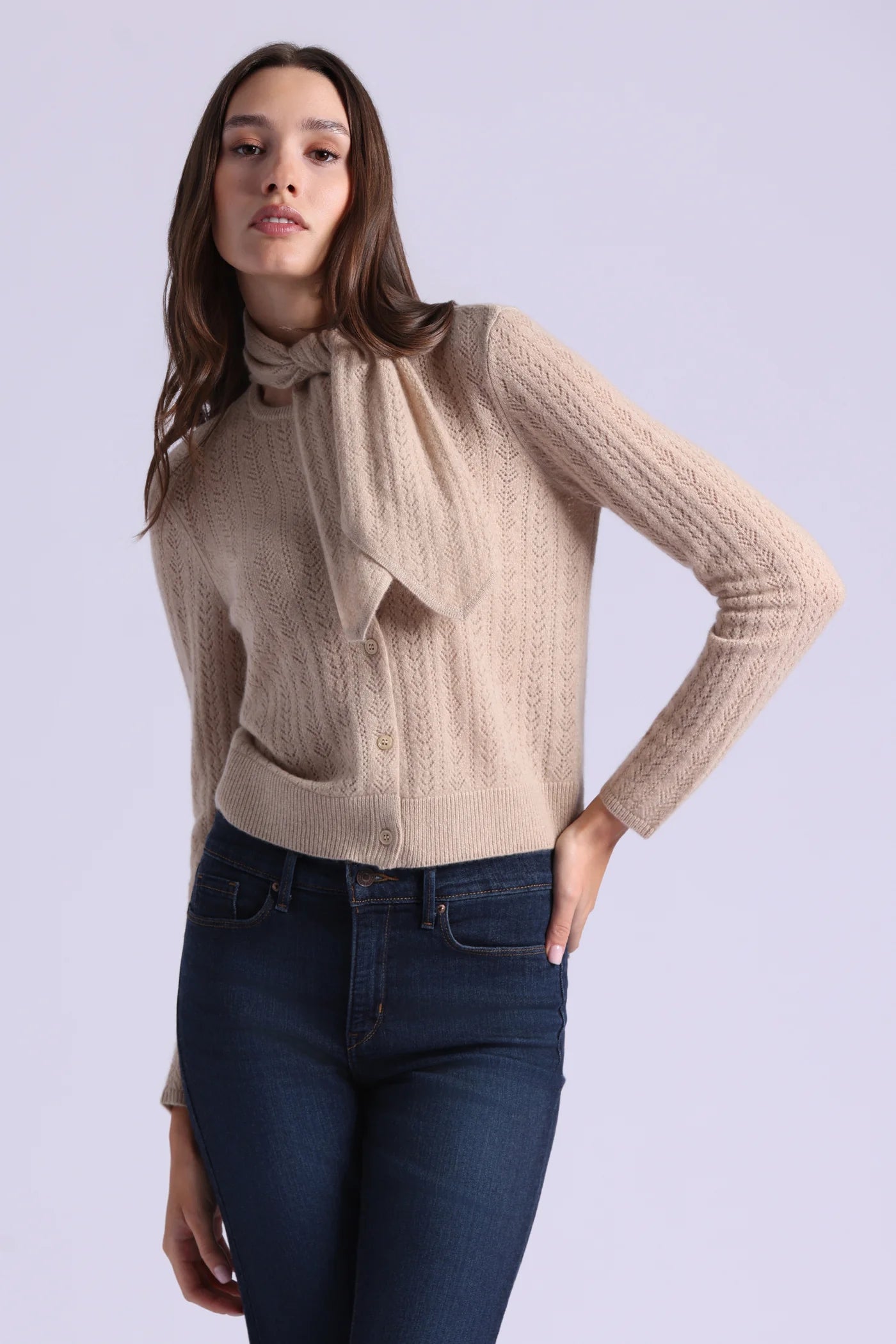 Minnie Rose Cashmere Pointelle Tie Up Cardigan-Brown Sugar