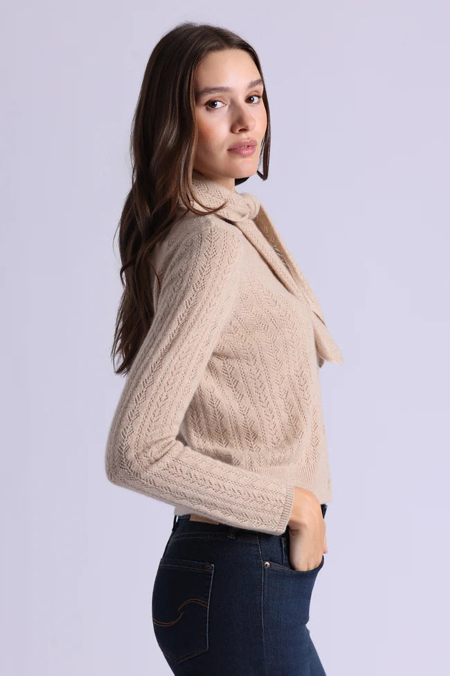 Minnie Rose Cashmere Pointelle Tie Up Cardigan-Brown Sugar