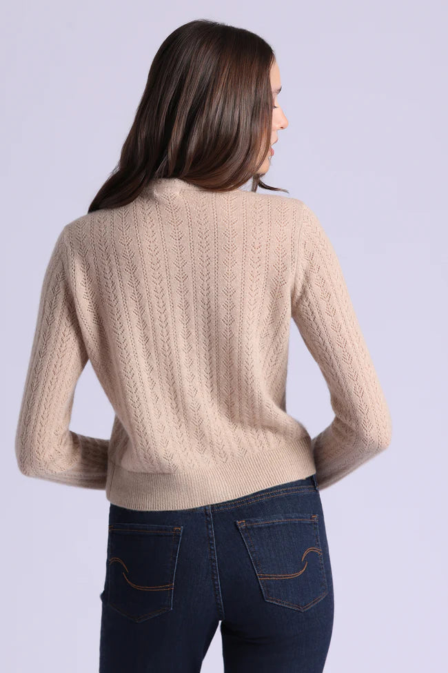 Minnie Rose Cashmere Pointelle Tie Up Cardigan-Brown Sugar