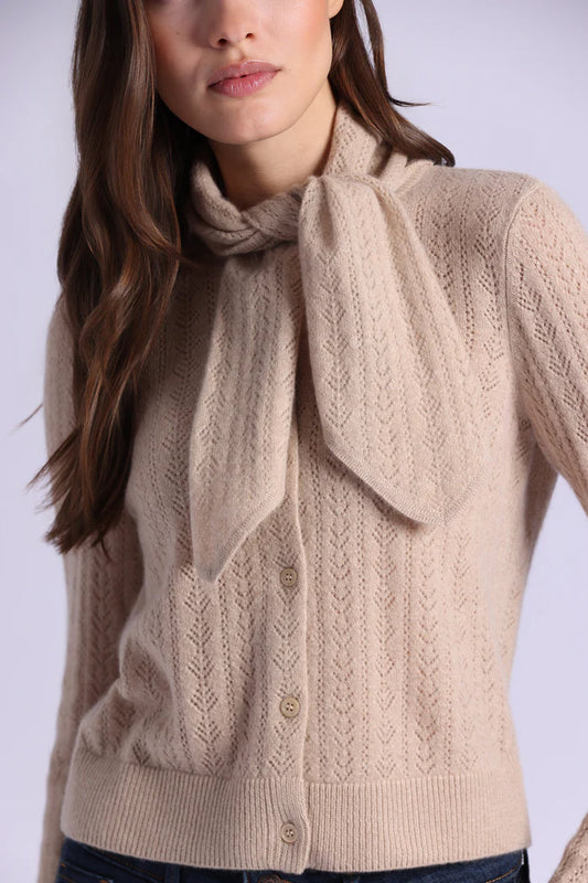 Minnie Rose Cashmere Pointelle Tie Up Cardigan-Brown Sugar