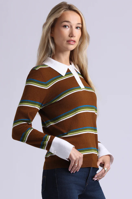 Minnie Rose Cotton Cashmere Striped Long Sleeve Collared Polo-Foxtail Combo