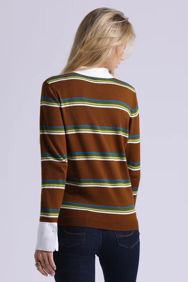 Minnie Rose Cotton Cashmere Striped Long Sleeve Collared Polo-Foxtail Combo