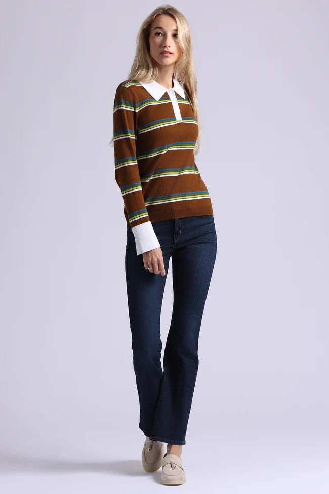 Minnie Rose Cotton Cashmere Striped Long Sleeve Collared Polo-Foxtail Combo