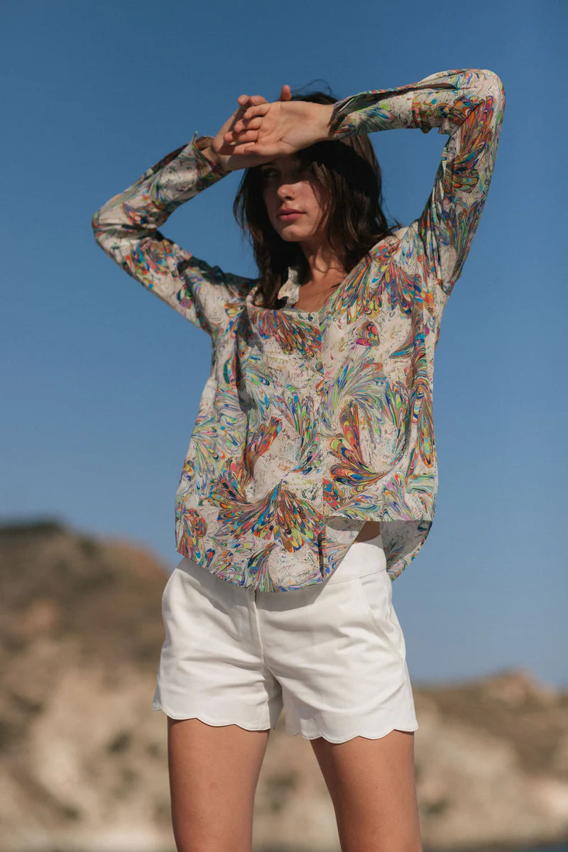 Catherine Gee-Daria French Cuff Silk Blouse-Stone Paint Swirl