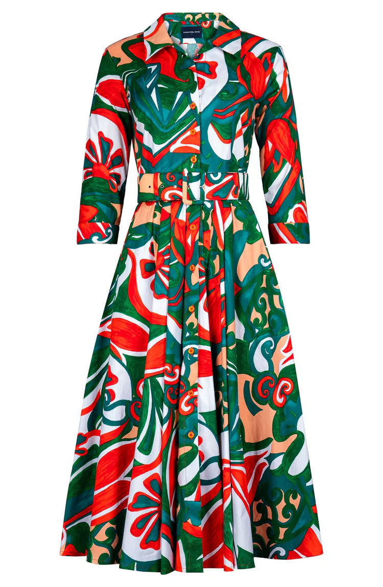 Samantha Sung - Laurent Dress Midi Length Cotton Stretch - Barcelona Mode (Orange/Green)