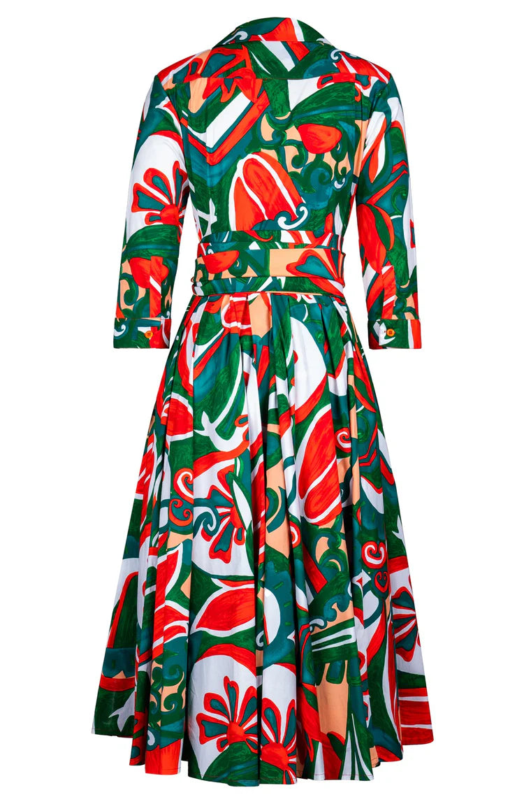 Samantha Sung - Laurent Dress Midi Length Cotton Stretch - Barcelona Mode (Orange/Green)