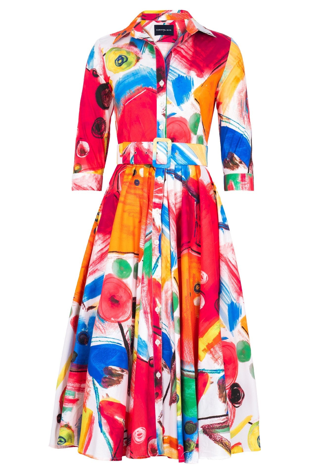 Samantha Sung - Gigi Dress Midi Length Cotton Musola - Bastera Painting (White Pink)