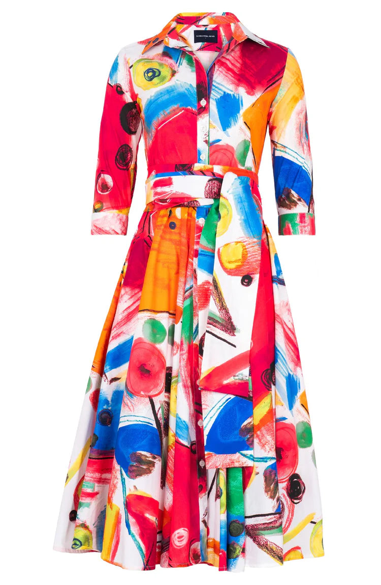 Samantha Sung - Gigi Dress Midi Length Cotton Musola - Bastera Painting (White Pink)