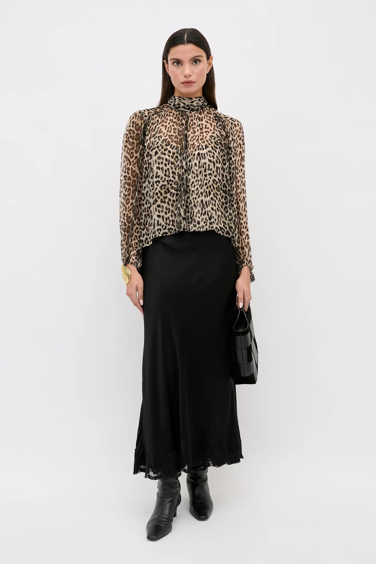 RIXO - Crystal Satin Midi Skirt - Black