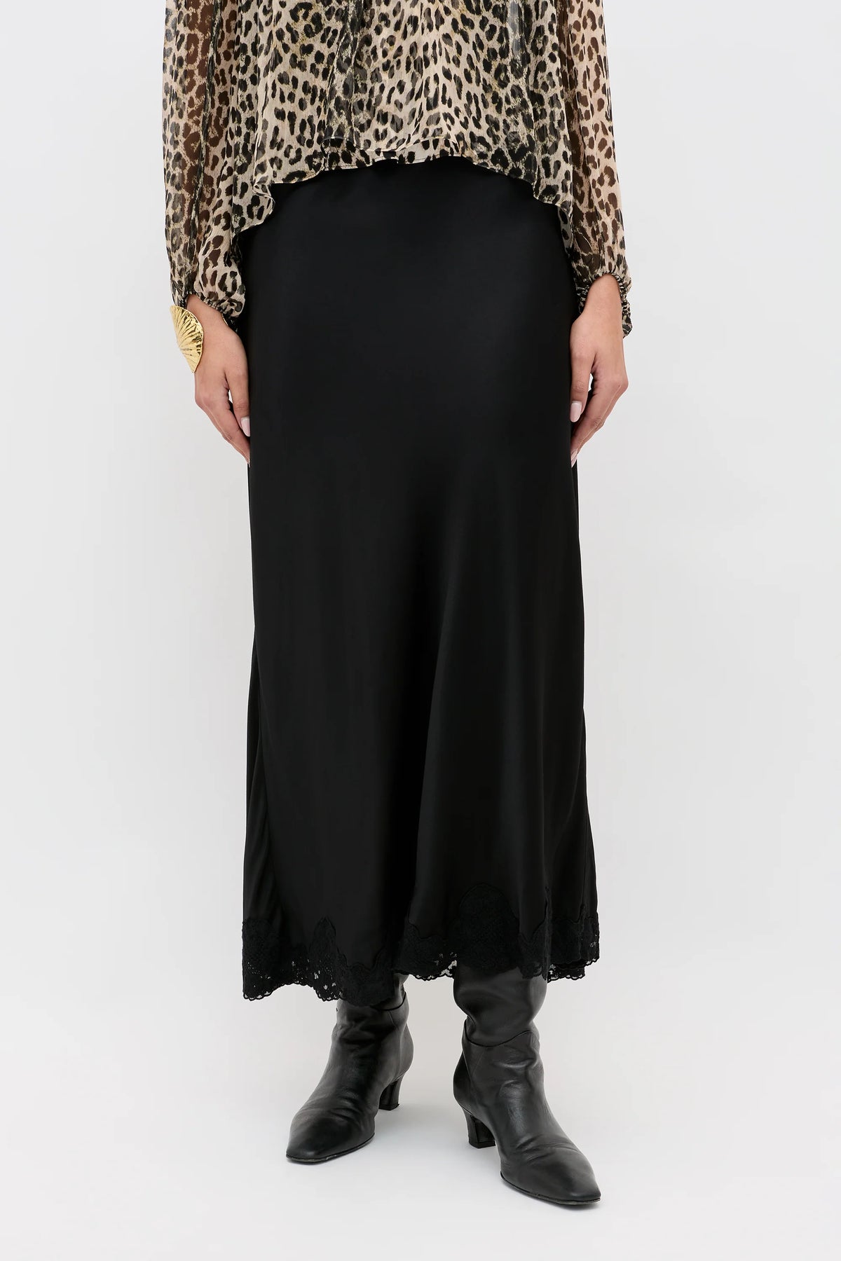RIXO - Crystal Satin Midi Skirt - Black
