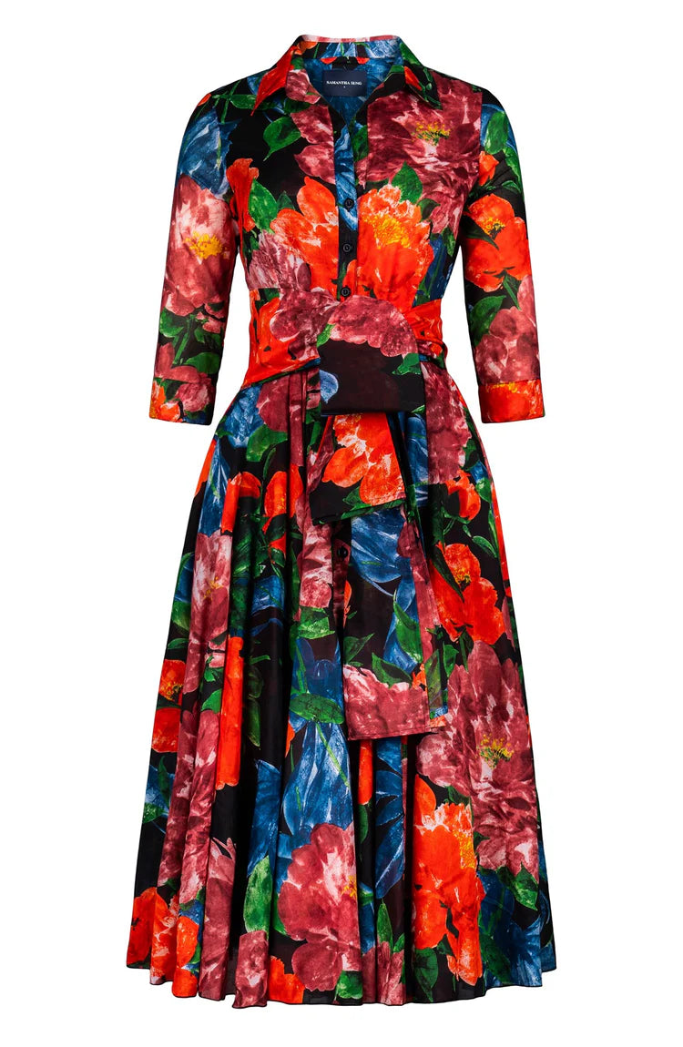 Samantha Sung - Aster Dress Midi Length Cotton Musola - Darby Rose Ground (Black Orange)