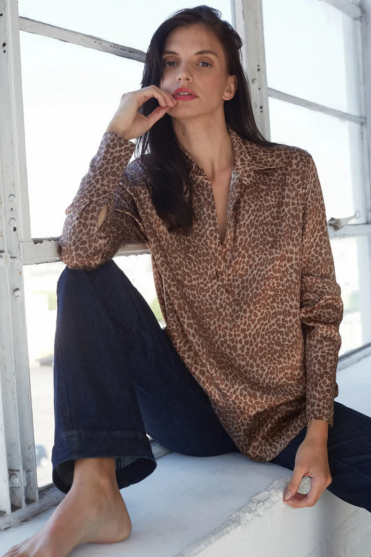 Catherine Gee- Daria French Cuff Silk Blouse - Elegant Leopard