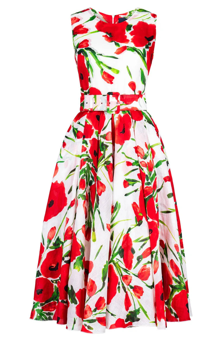 Samantha Sung - Aster Dress Midi Length Ramie - Fiori Poppy White (White Red)