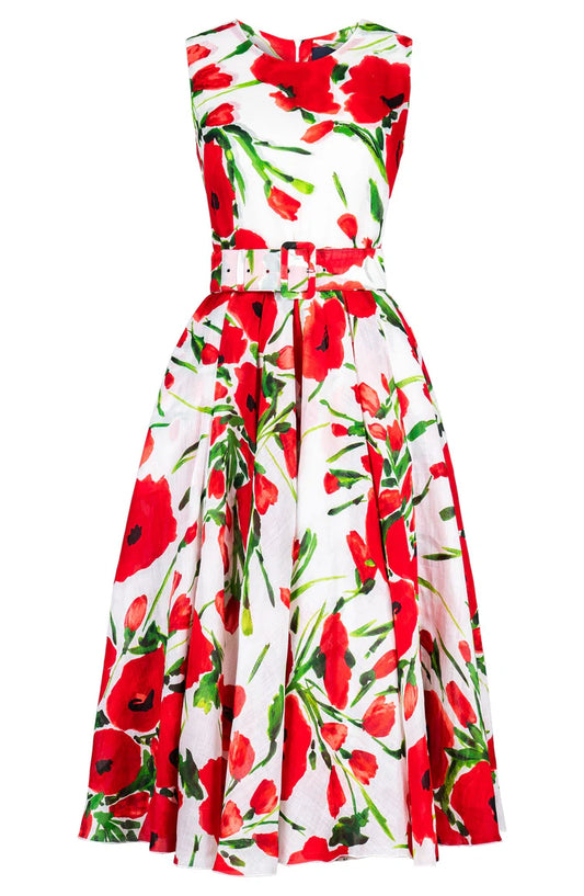 Samantha Sung - Aster Dress Midi Length Ramie - Fiori Poppy White (White Red)