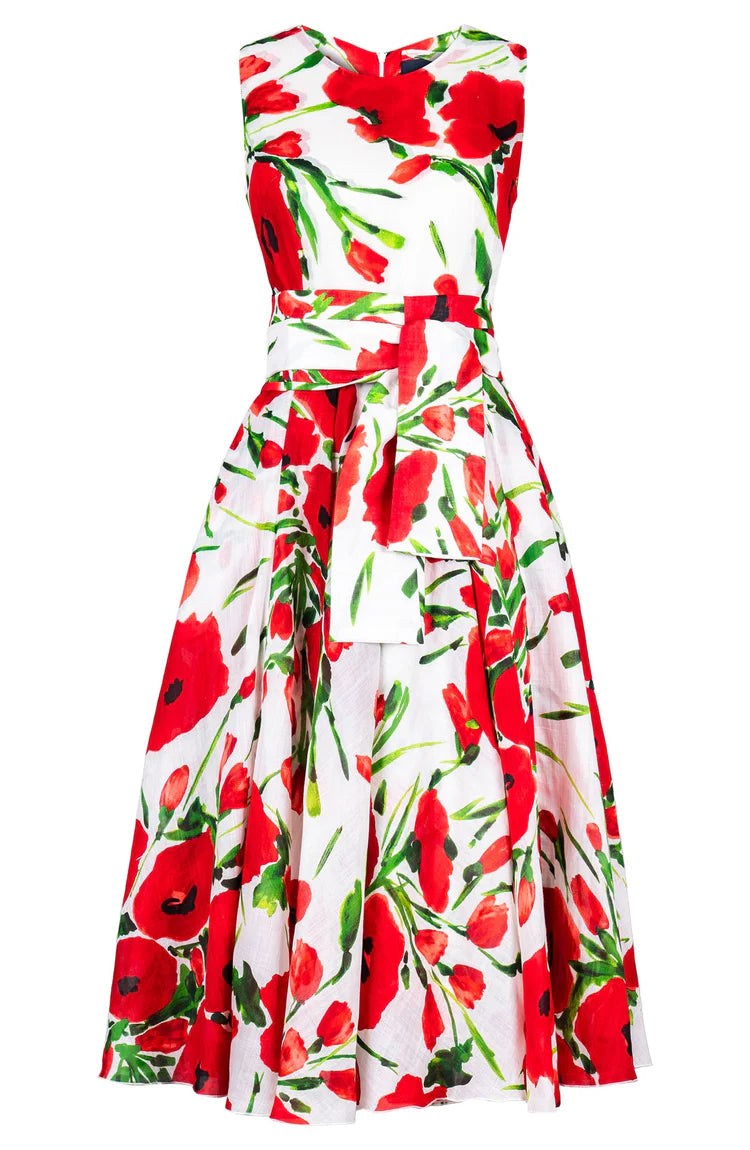 Samantha Sung - Aster Dress Midi Length Ramie - Fiori Poppy White (White Red)