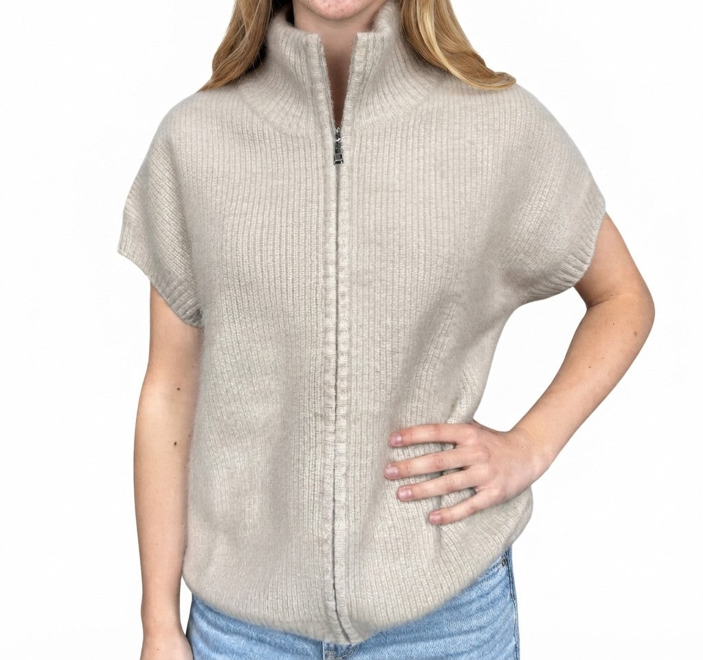 Estheme - Zip Up Short Sleeve Sweater - Stone