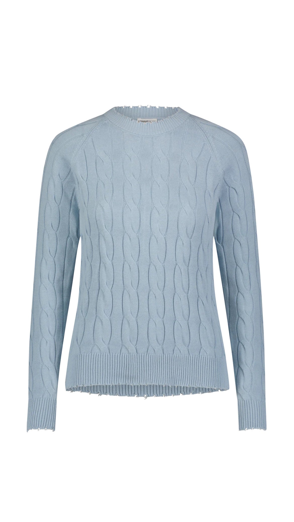 Minnie Rose- Cable Crewneck with Frayed Edges- Baby Blue