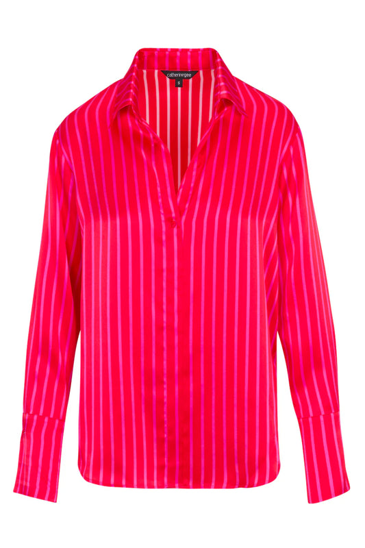 Catherine Gee - Daria French Cuff Silk Blouse - Red/Pink Stripe
