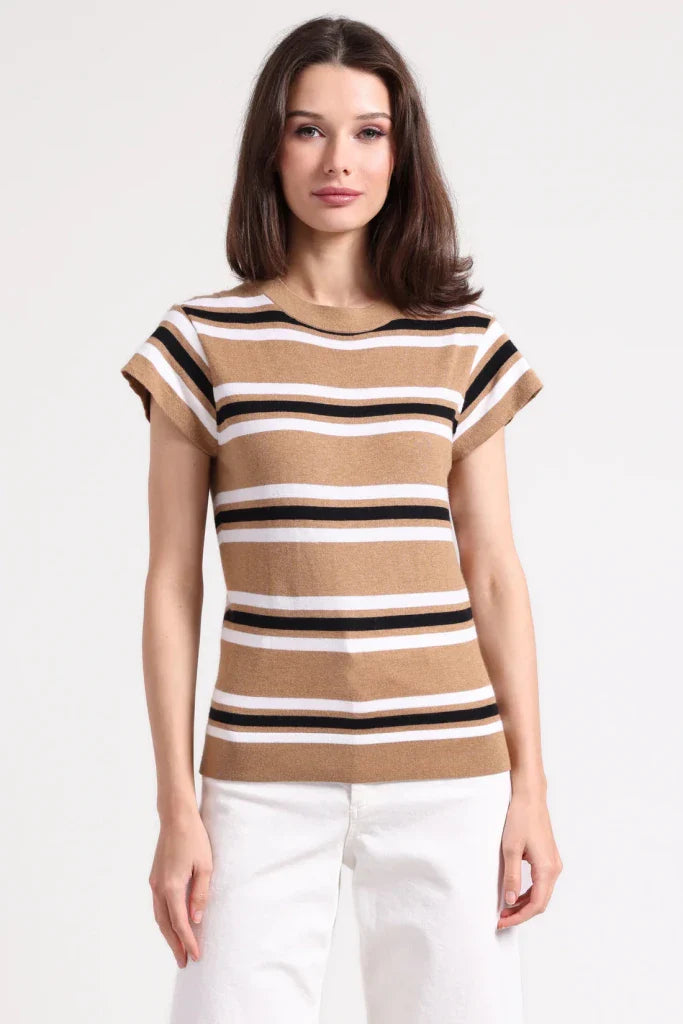 Minnie Rose - Striped Cap Sleeve Sweater - Desert Sand