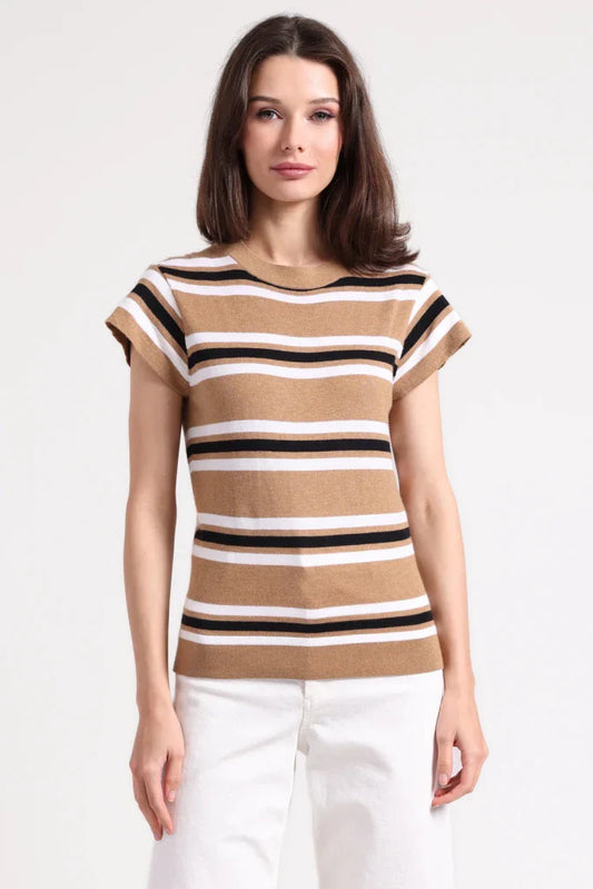 Minnie Rose - Striped Cap Sleeve Sweater - Desert Sand