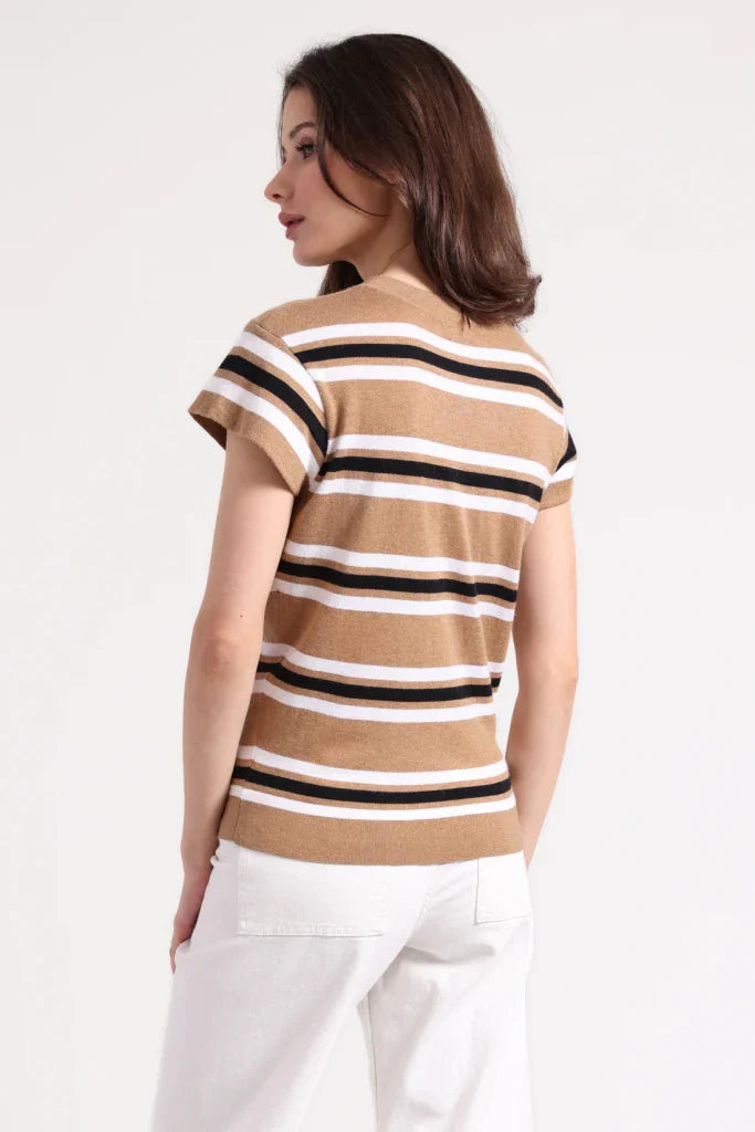 Minnie Rose - Striped Cap Sleeve Sweater - Desert Sand