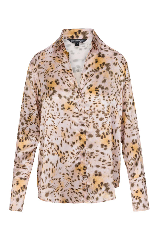 Daria French Cuff Silk Blouse - Blush Leopard