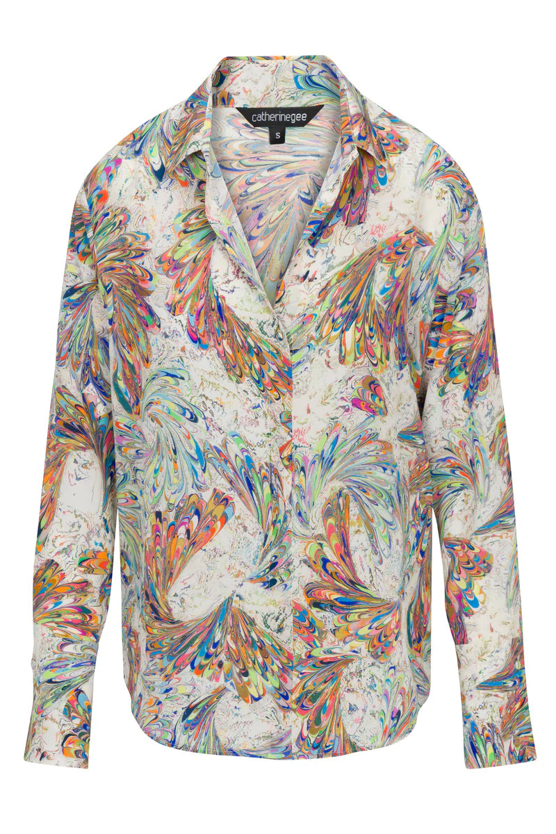 Catherine Gee-Daria French Cuff Silk Blouse-Stone Paint Swirl