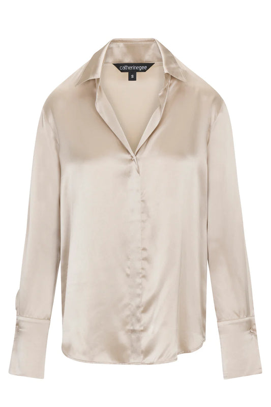 Daria French Cuff Silk Blouse - Oat Milk