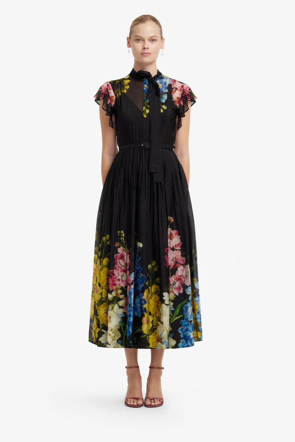 Leo Lin - Grace Flutter Sleeve Midi - Snapdragon in Ebony