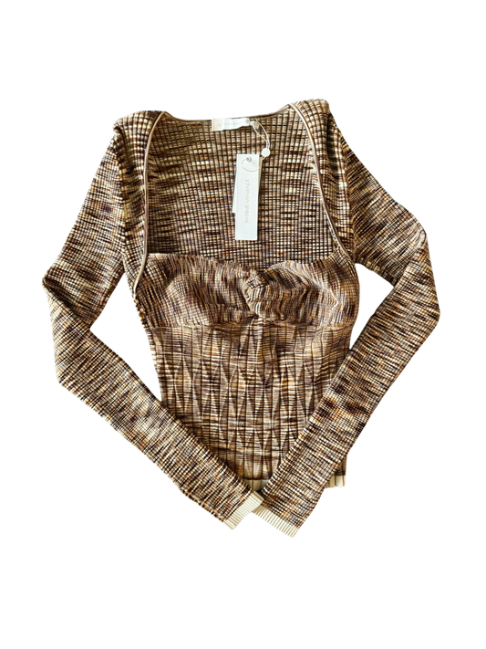 Jonathan Simkhai- Vesna Pleated Space Dye Long Sleeve Twisted Top- Chocolate Multi