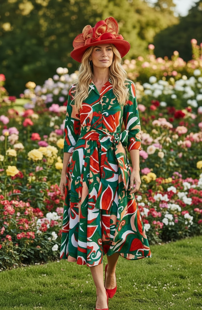 Samantha Sung - Laurent Dress Midi Length Cotton Stretch - Barcelona Mode (Orange/Green)
