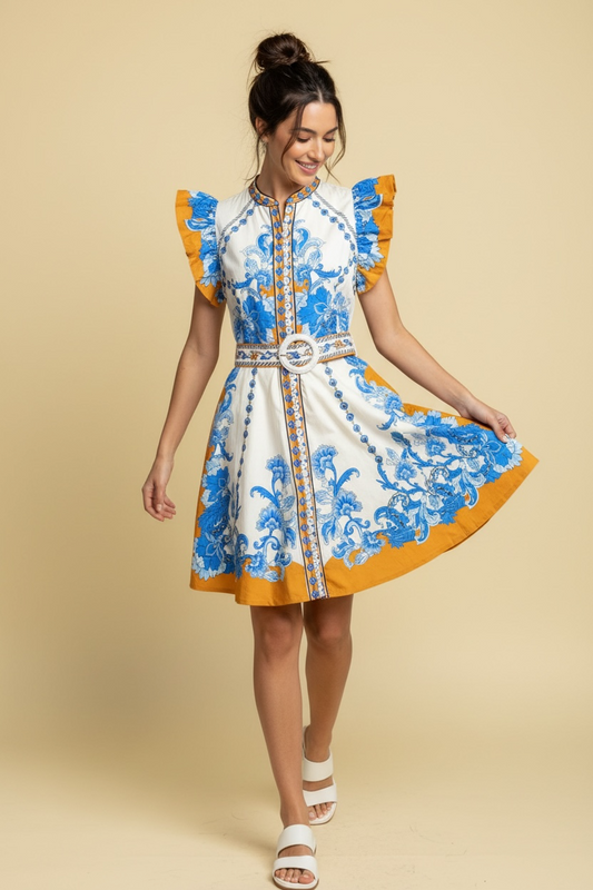 Baronessa Dress Papurus Blue and Golden