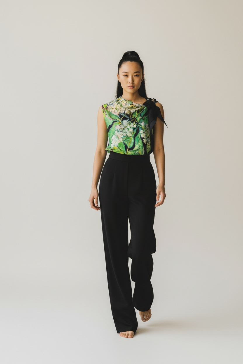 Hydrangea Brush One-Shoulder Knot Silk Top