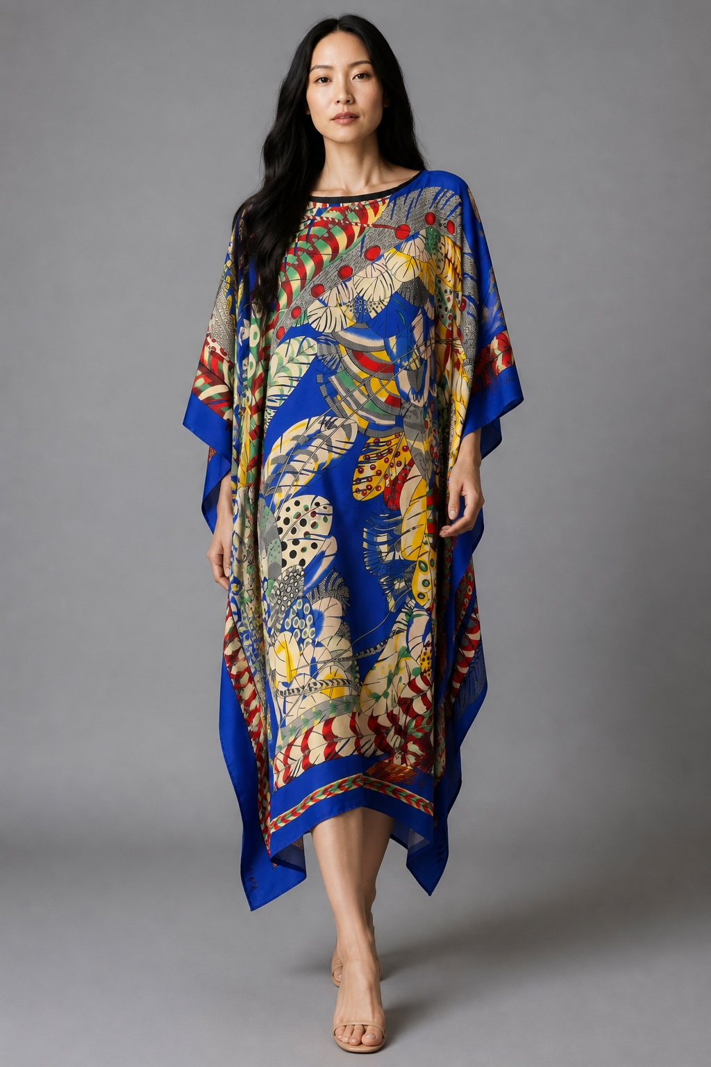 Dawn Bradbury - Long Kaftan Dress - Blue Multi Color Feather