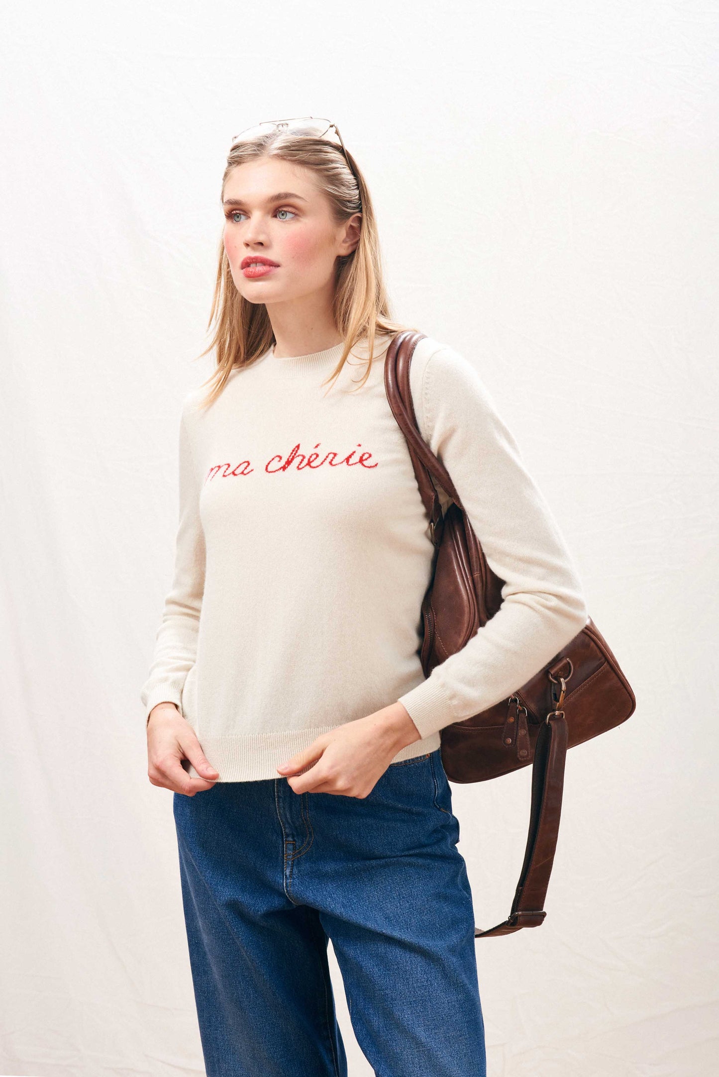 Jumper 1234-Ma Cherie Crew Neck Sweater in Oatmeal