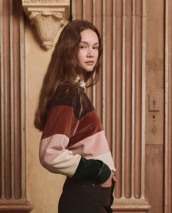 The Great - Pieced Stripe Velour College Sweatshirt - Arroyo Stripe