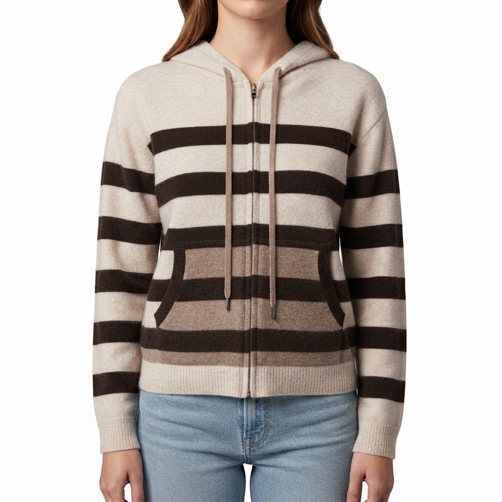 Estheme - Striped Zip Up Hoodie - Tan