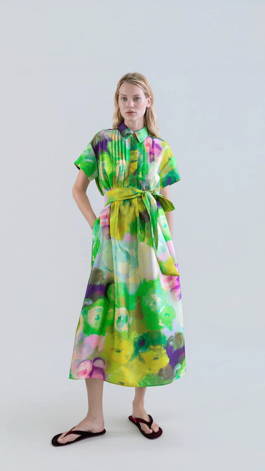 Psophia Long Shirt Dress with Bloomlight Print and Front Pintucks