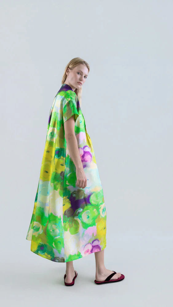 Psophia Long Shirt Dress with Bloomlight Print and Front Pintucks