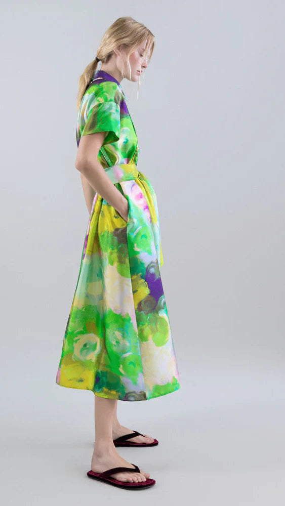 Psophia Long Shirt Dress with Bloomlight Print and Front Pintucks