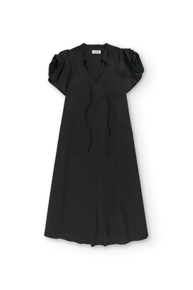 Psophia - Poplin Midi Dress With Structured Floral Sleeves - Black
