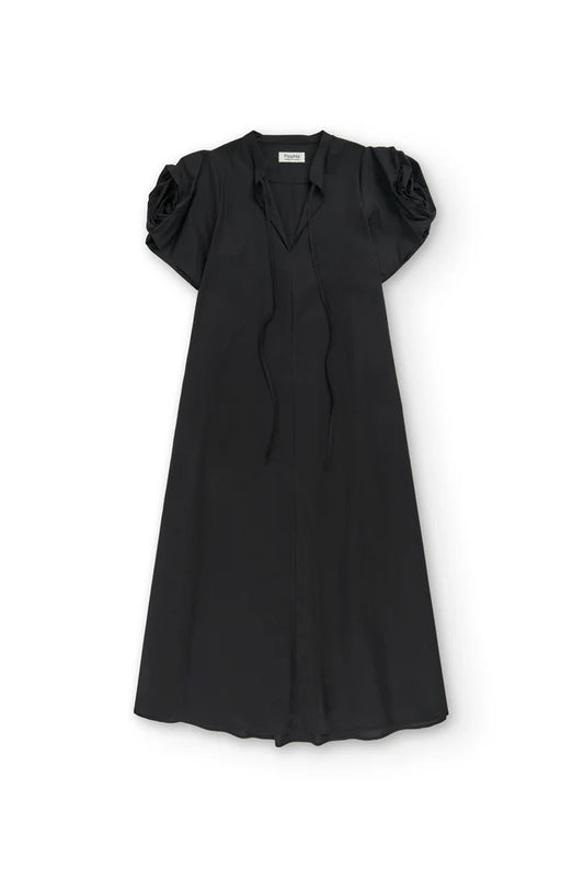 Psophia - Poplin Midi Dress With Structured Floral Sleeves - Black
