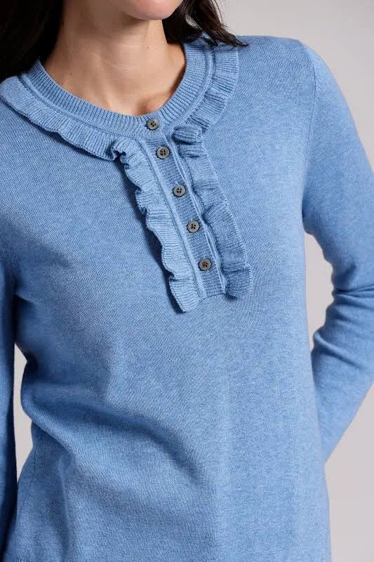 Minnie Rose - Henley Ruffle Sweater - Cameo Blue