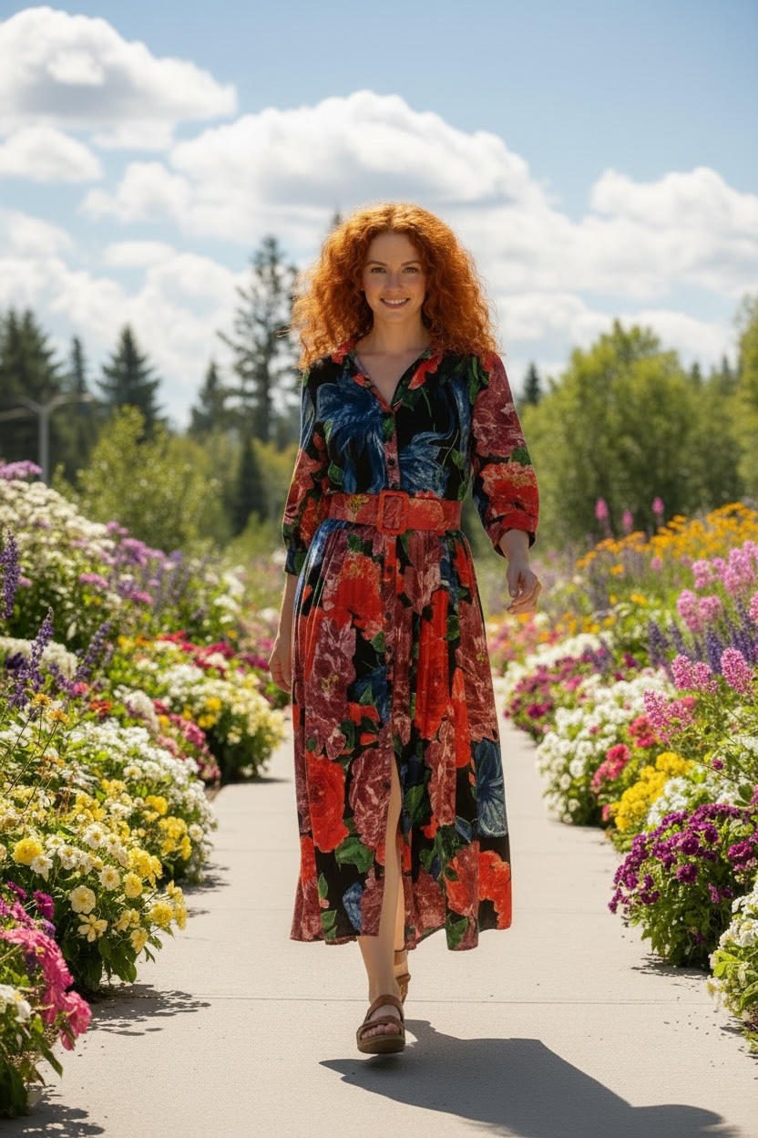 Samantha Sung - Aster Dress Midi Length Cotton Musola - Darby Rose Ground (Black Orange)